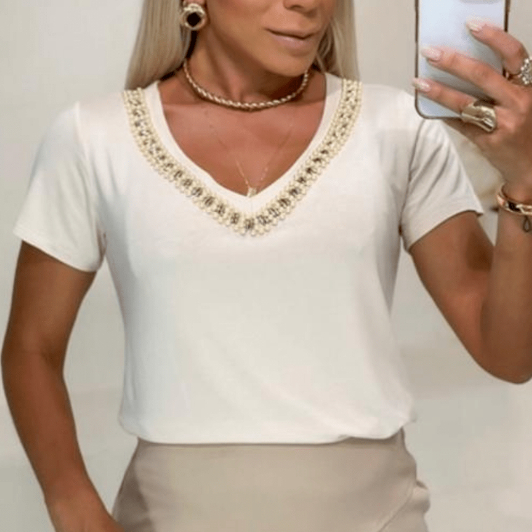 Blusa com pedraria tecido viscolaycra Premium do M ao GG Gola V