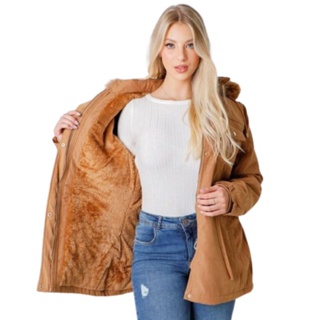 parka feminina de sarja toda forrada de pelo por dentro com capuz removível em Oferta na Shopee
