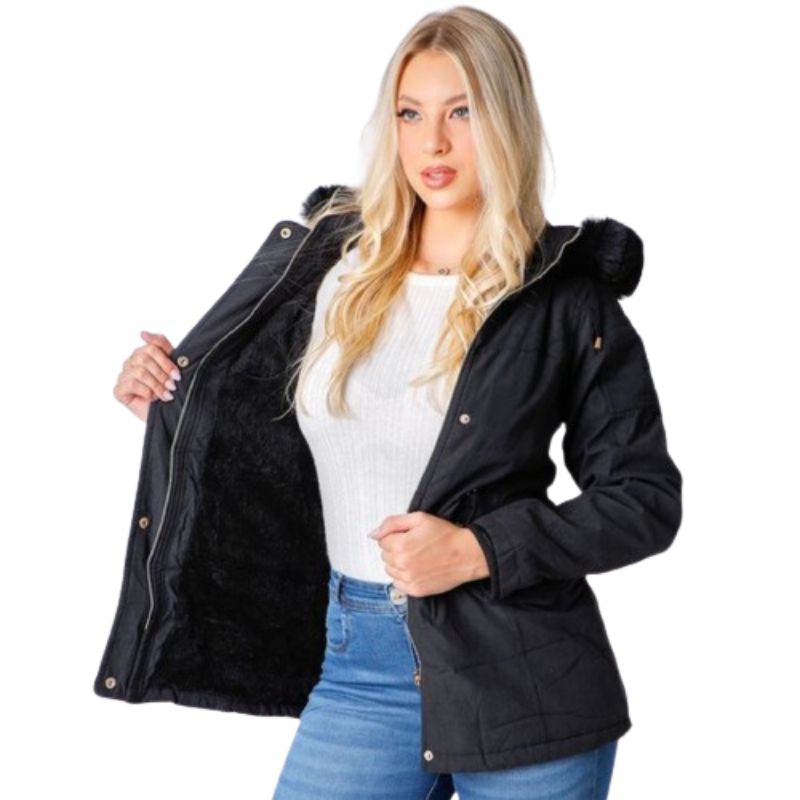 parka feminina tecido sarja forrada de pelinhos por dentro com capuz removível