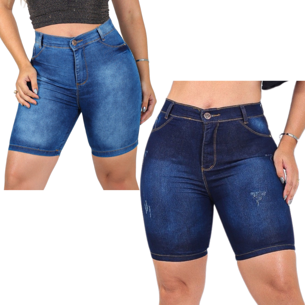 Kit 2 Bermudas Jeans Feminina Meia Coxa Cintura Alta Lycra Modelagem Levanta Bumbum em Oferta na Shopee