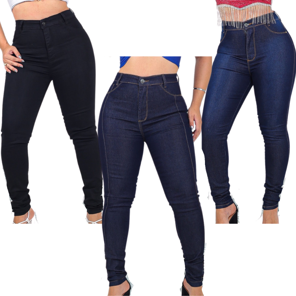 Kit 3 Calça Jeans Feminina Skinny Cós Alto Levanta Bumbum C/ Lycra (Elastano) em Oferta na Shopee