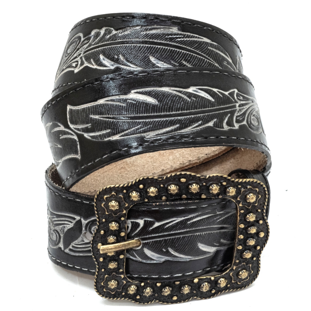 Cinto Country Feminino Em Couro Sola Estampa Pena Cowgirls