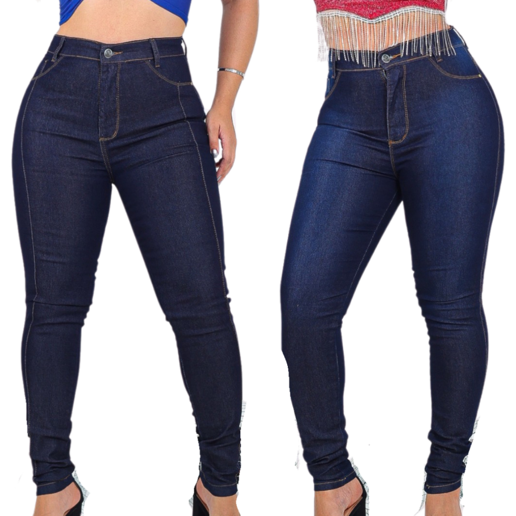 Kit 02 Calças Cós Alto Jeans Feminino Com Elastano Até o Umbigo Skinny Veste bem em Oferta na Shopee
