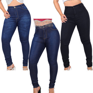 Kit 3 Calças Jeans Feminina Cós Alto Que Vai Até o Umbigo com Lycra Elastano Veste Bem