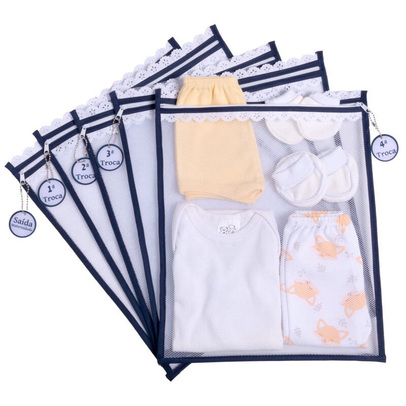 Kit c / 5 Saquinhos Maternidade (Azul Royal) Tule com TAG ACRÍLICA e ZÍPER Organizadores 30x35 cm