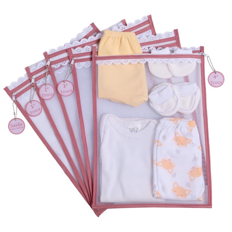 Kit c / 5 Saquinhos Maternidade (ROSÉ) Tule com TAG ACRÍLICA e ZÍPER Organizadores 30x35 cm
