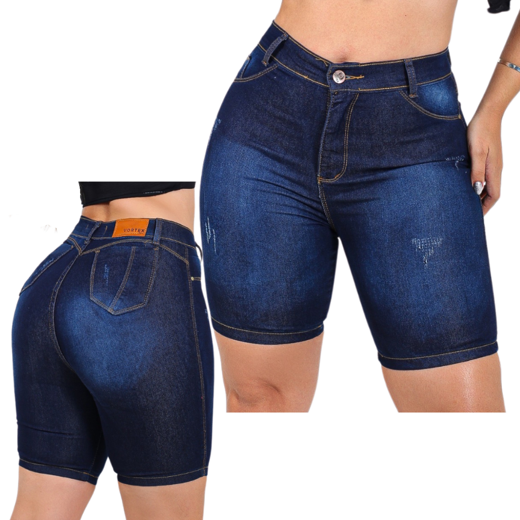 Shorts Jeans Meia Coxa Cintura Alta Feminino Lycra Até o Umbigo em Oferta na Shopee