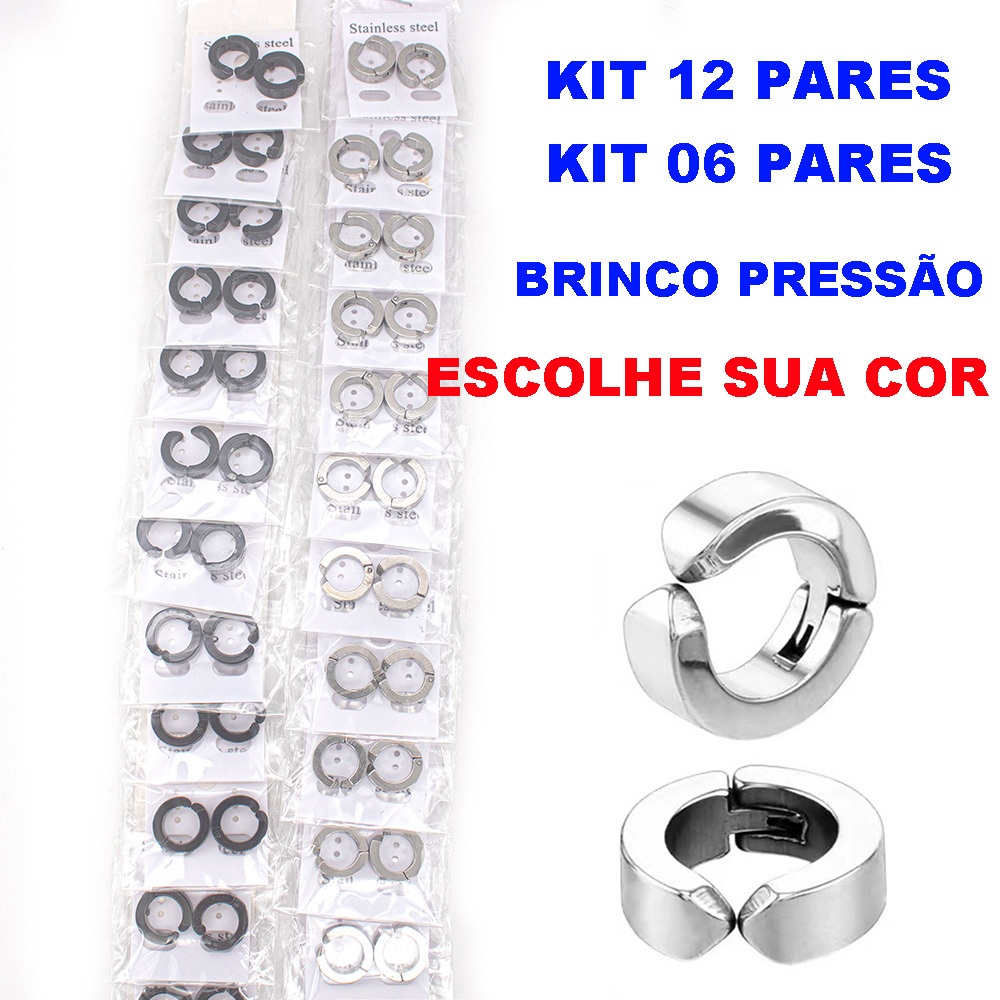 Lote 12 Pares  24 brincos de pressão não precisar de furo 6 pares brinco argola em aço inox preto prata prateado em Oferta na Shopee