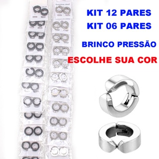 Lote 12 Pares  24 brincos de pressão não precisar de furo 6 pares brinco argola em aço inox preto prata prateado em Oferta na Shopee