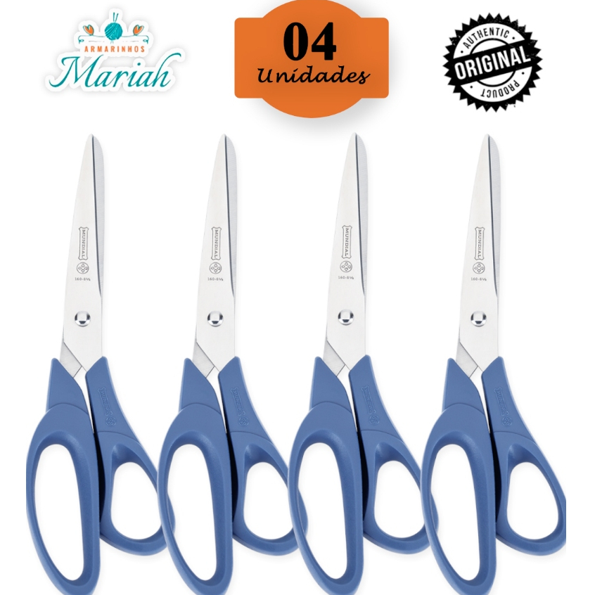 KIT COM 04 UN - TESOURA MULTIUSO AZUL CORTE FACIL MUNDIAL 160N-8.1/2 em Oferta na Shopee