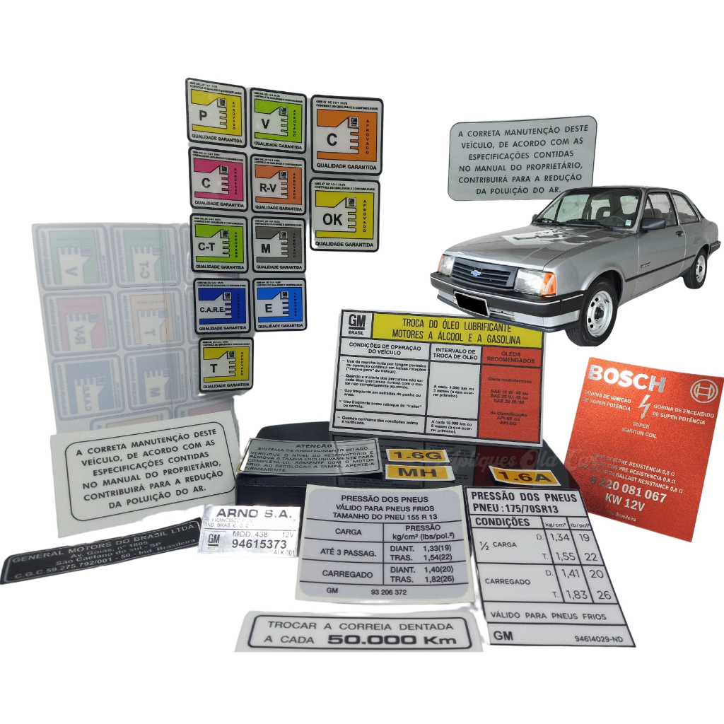 Kit c/21 Adesivos e Selos GM Chevette, Marajo, Chevy 83 A 93 / Jogo Completo Motor, Vidros, Cofre e Lataria