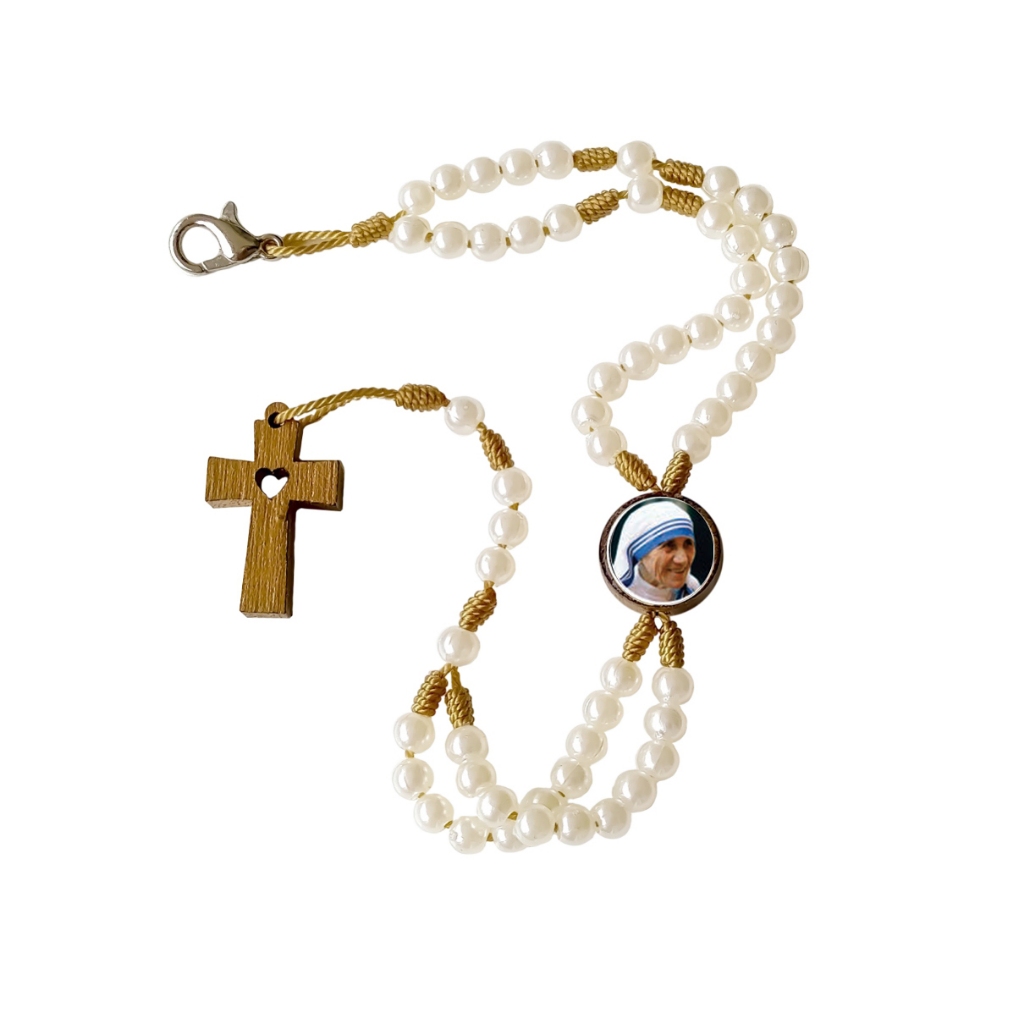 Terço Pulseira Santa Madre Teresa de Calcutá Perolado - Pulso Artigo Religioso Católico