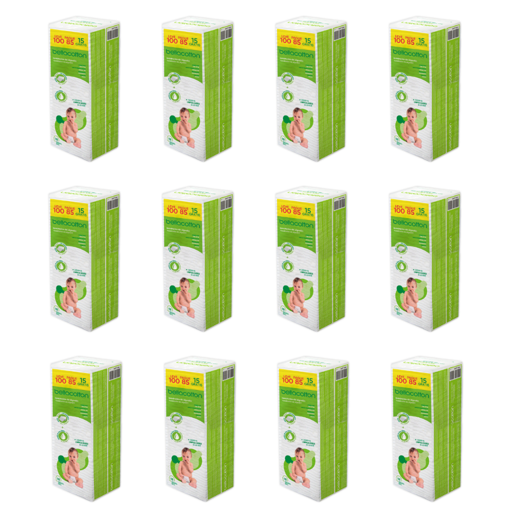 Kit 12 Pacotes Quadrado de Algodão Bebê Bellacotton 1.200 unidades