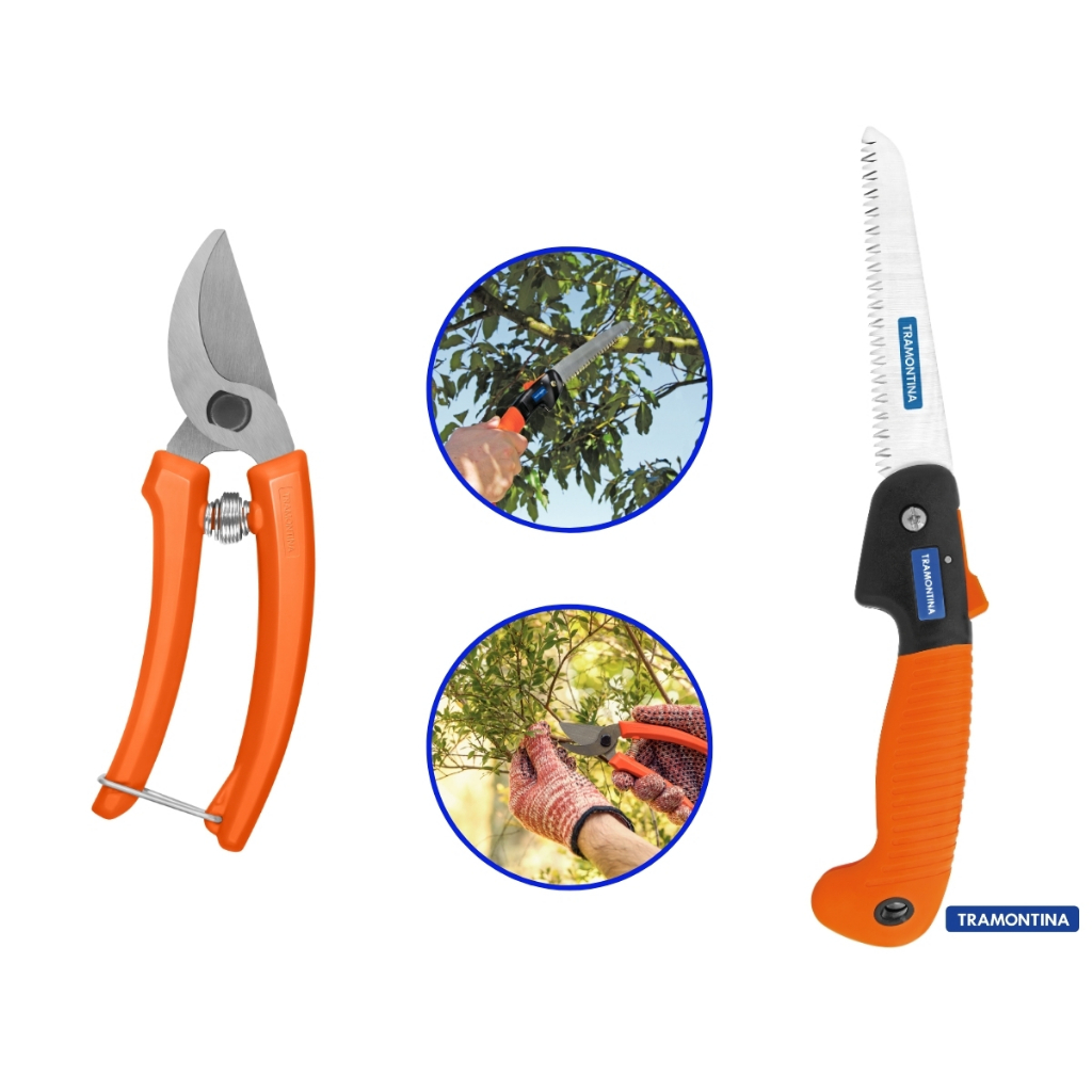 Tesoura De Poda Com Lamina Afiada + Serrote Dobravel Profissional Tramontina