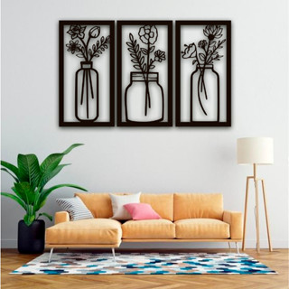 Kit 3 Quadros Flores Delicadas em MDF 3mm  Decorativo Preto