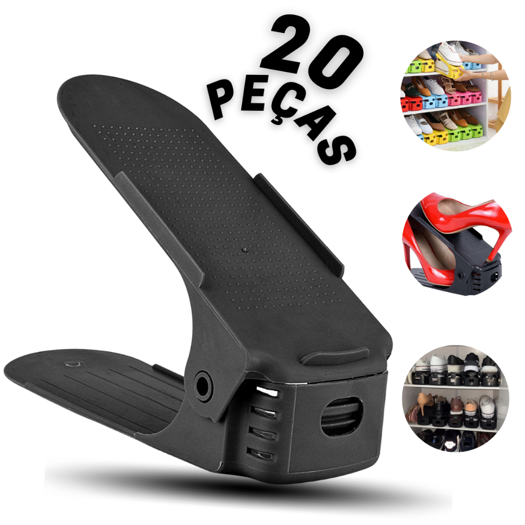 Kit 20 Organizador De Sapatos Saltos e Tênis Com Regulagem de Altura Preto