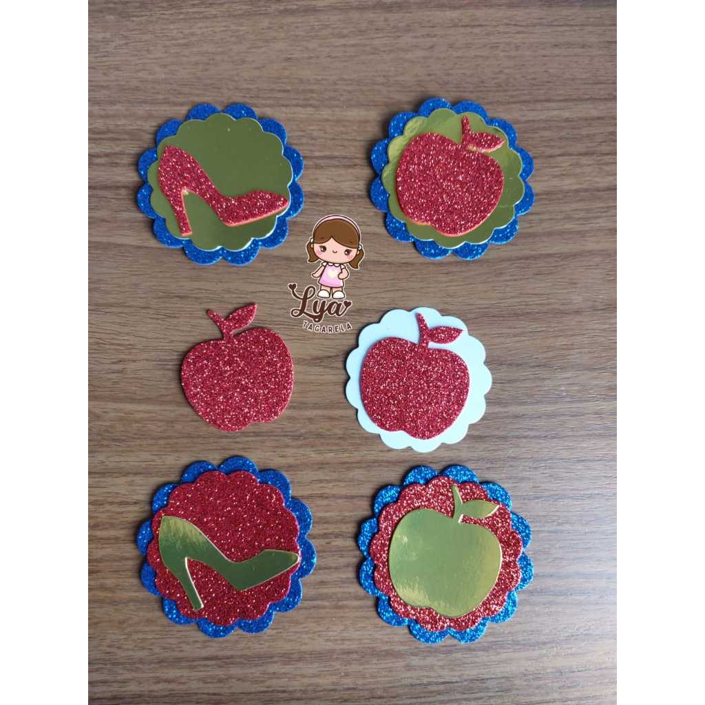 Aplique EVA Glitter Maça Branca de Neve e Sapatinho Princesas para lembrancinhas, caixinhas e etc