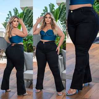 Calca Jeans Preta Flare Plus size Lycra Cos alto Elastano
