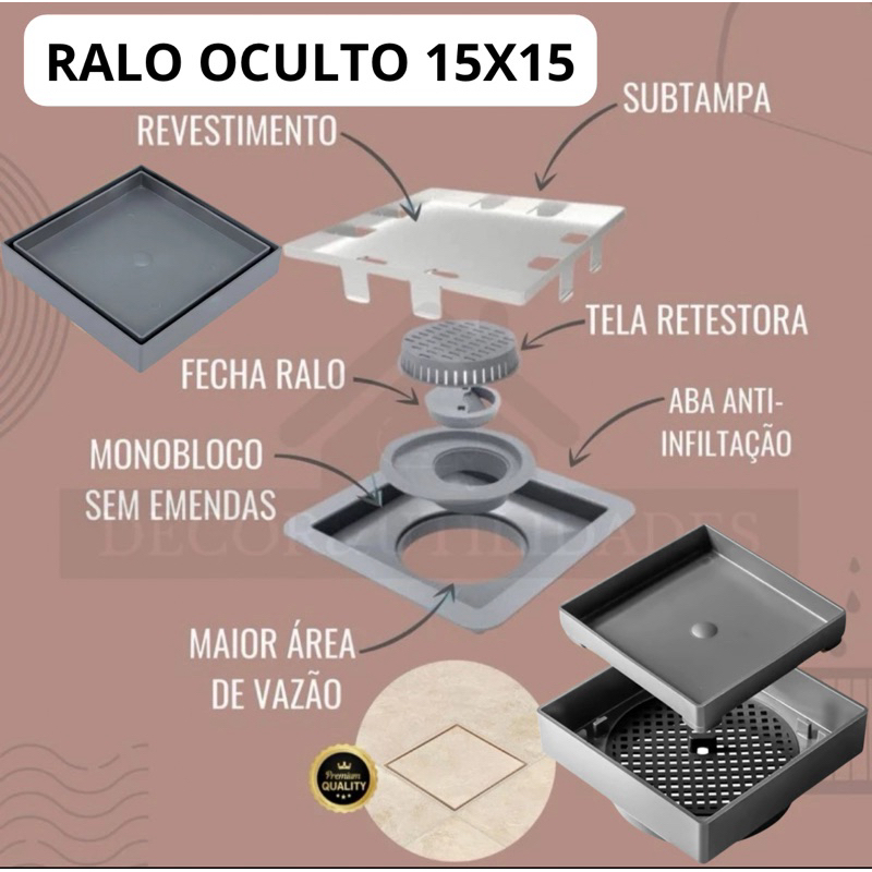 Ralo 15x15 Oculto Seca Piso/porcelanato Inteligente Cinza