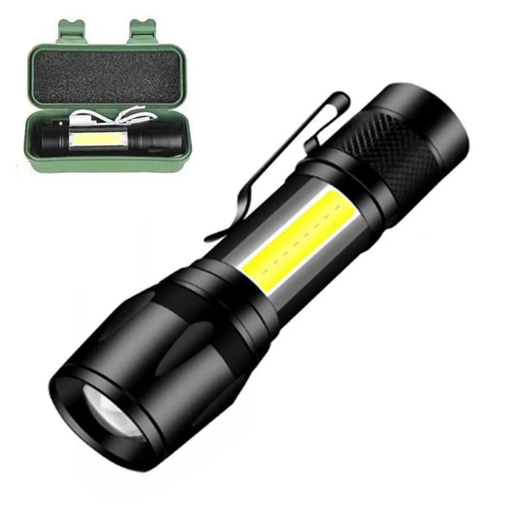 Lanterna Led Tática Recarregável USB 3 Modos de Iluminação Zoom Mini Lampião Com Estojo Case De Bolso Compacta