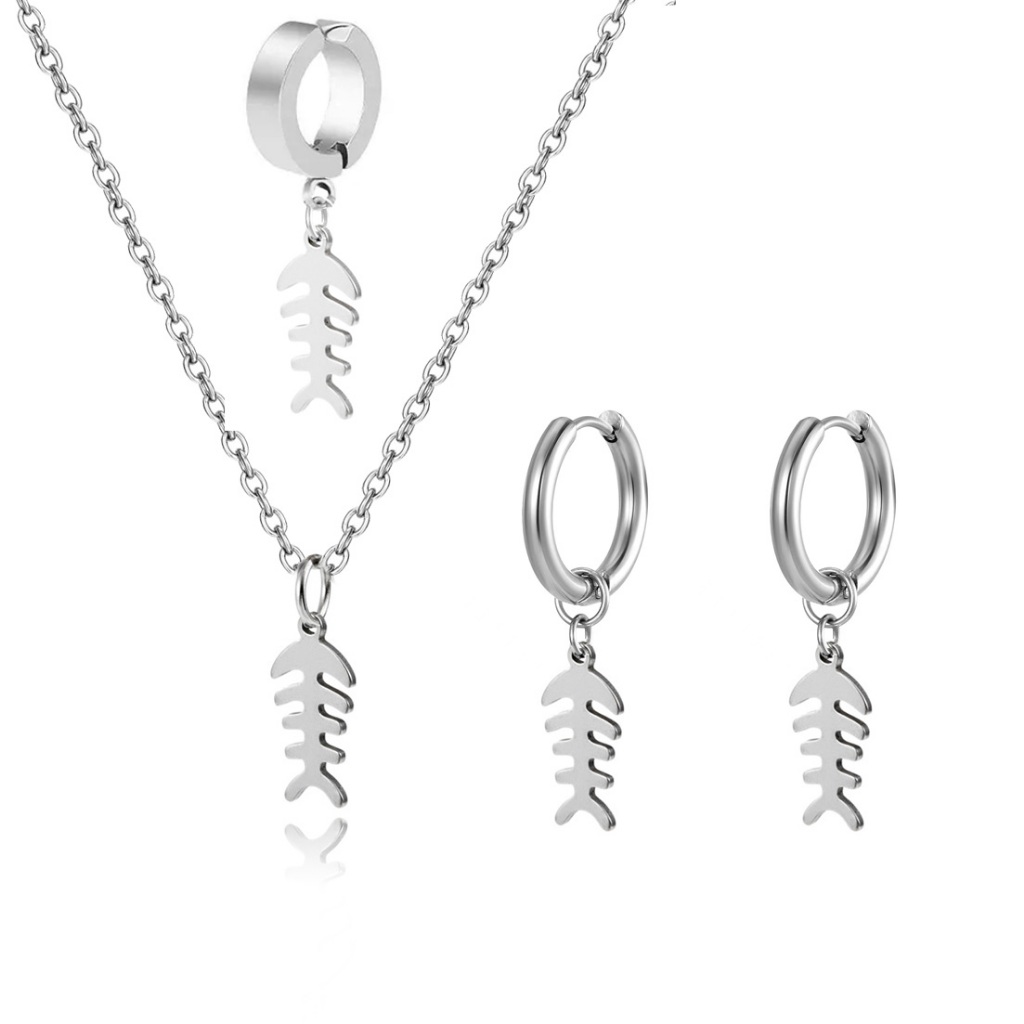 Colar corrente mini escama de peixe esqueleto brinco argola Pressão Em Aço inoxidável antialérgico prata Prateado não escurece masculino feminino
