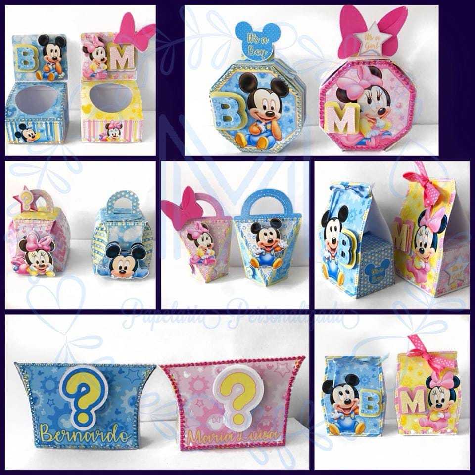 Kit de caixinhas personalizadas, lembrancinhas, decoração Kit de festa aniversário Chá revelação minnie e mickey baby