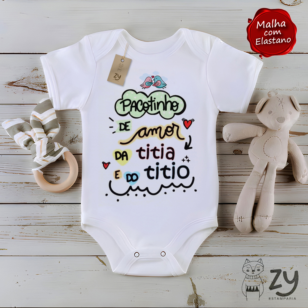 Body infantil Bebê Baby Frase ¨Pacotinho de Amor da Titia e do Titio¨ Tamanho Diversos - Fofo - Malha com Elastano em Oferta na Shopee