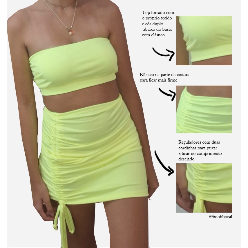 Top faixa sem bojo e saia curta gringa Saia Curta Feminina Franzida com puxadores reguladores laterais Ajustável kit 2 peças várias cores (PP P M G) Saia Gringa Moda Blogueira  saida de praia Cordinha Amarração na Coxa Moda Feminina tendência