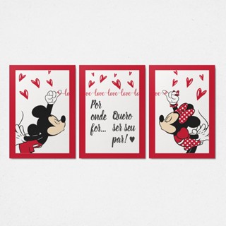 Kit 3 Placas Quadros Decorativos Para sua Casa Sala Quarto Cozinha Lar Mickey e Minnie Casal Apaixonado Borda Infinita