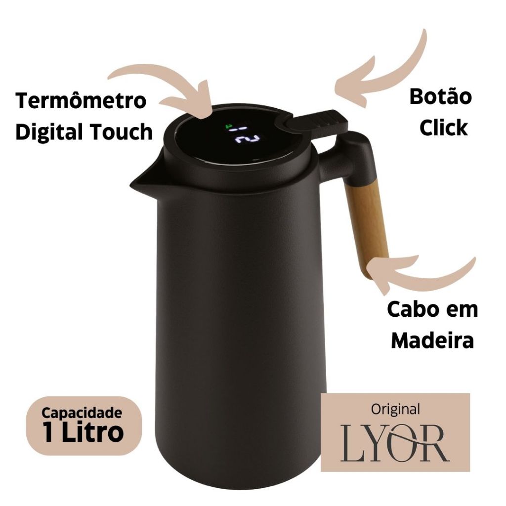 Garrafa Térmica Digital Lyor Nórdica 1L com Termômetro LED Touch Quente e fria por até por 12h - Home & Living