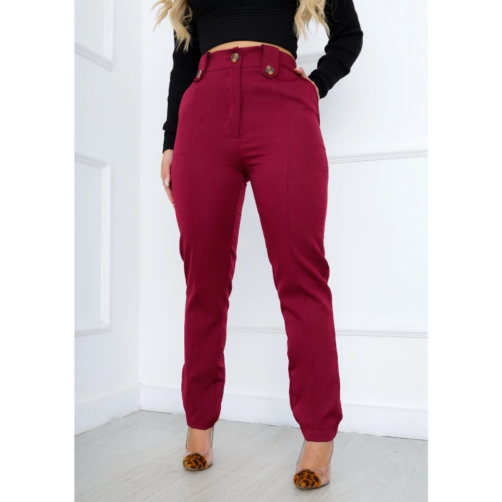 Calça Alfaiataria Feminina Reta Chique Zíper com Bolsos