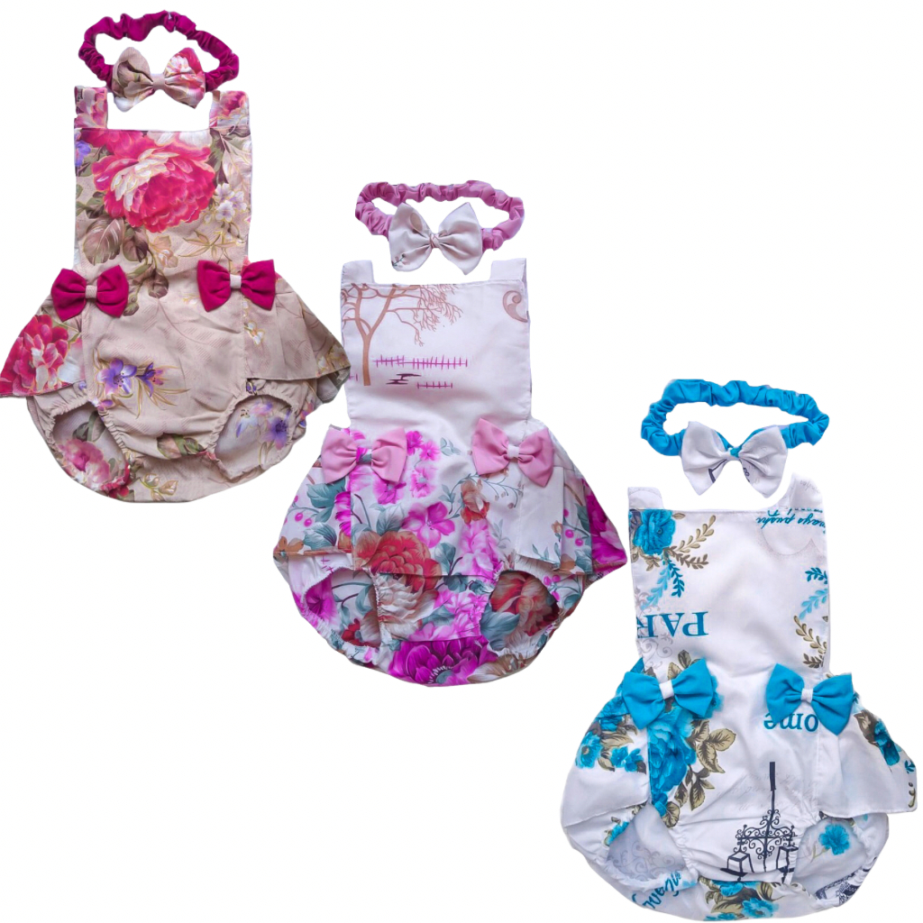Jardineira infantil, bunda rica, floral com tiara blogueirinha