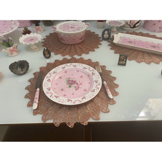 conjunto 6 pratos rasos porcelana Encantus linha luxo rosa