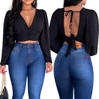 Cropped Blusinha Balada Costa Aberta Amarração Manga Longa com Bojo