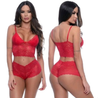 1 Conjunto em Renda Espera Marido Lingerie Calesson Sutiã Cropped Short Sexy