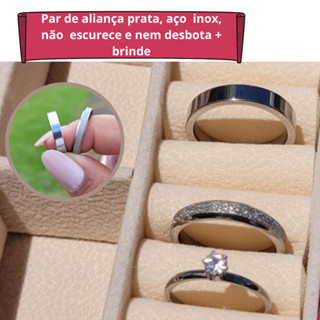Par de Aliança de Prata Compromisso Namoro Diamantada Brilhante 4mm + Brinde Anel Solitário Feminino