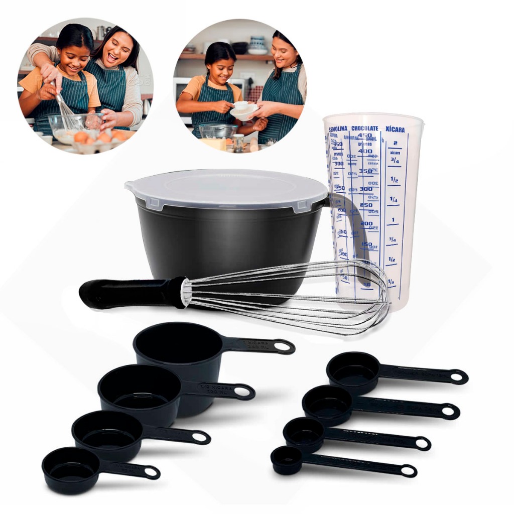 Kit Medidas 11 Peças Com Tigela Multiuso Preto (Com Tampa) Batedores 30 Preto Copo (Medidas Azul) Xicara e Colhere Preto