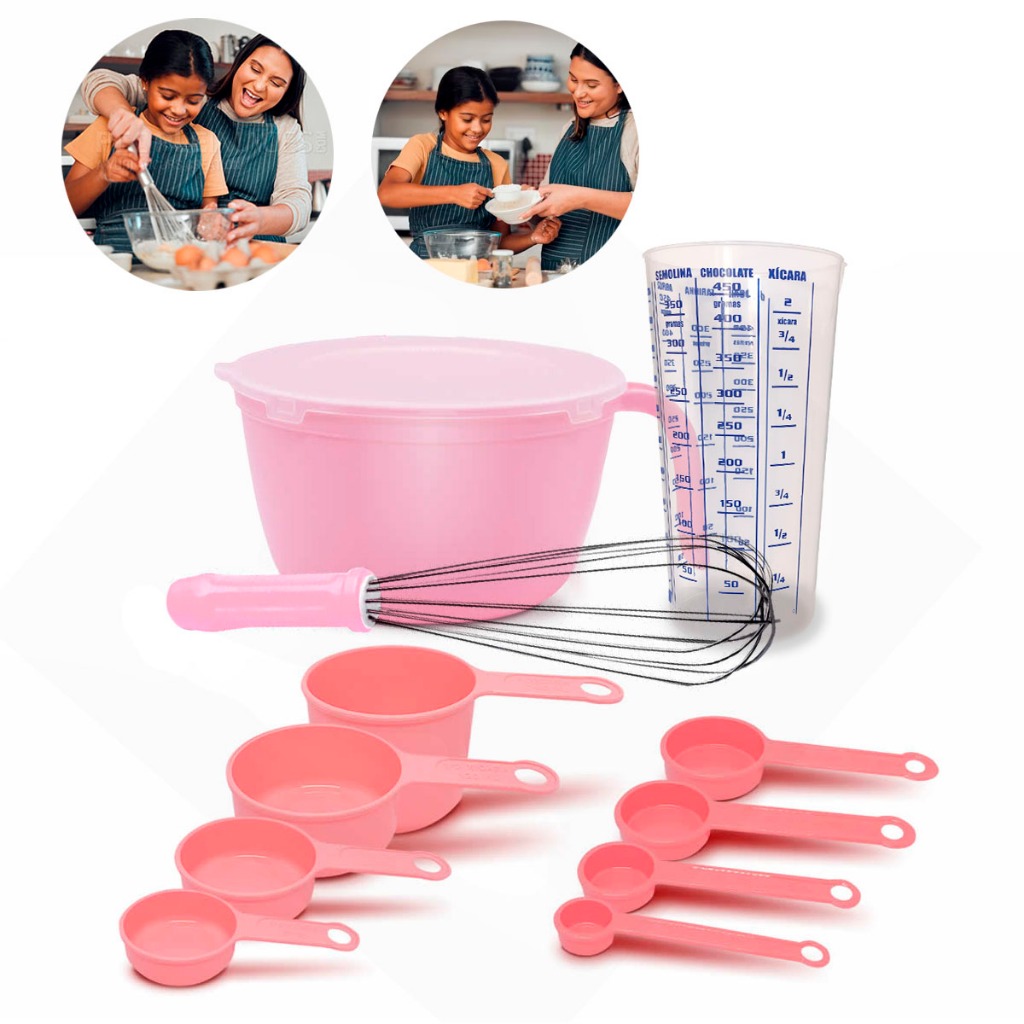 Kit's Medidas 11 Peças Com Tigela Multiuso Rosa (Com Tampa), Batedores 30 Rosa, Copo (Medidas Azuis), Xicara e Colhere