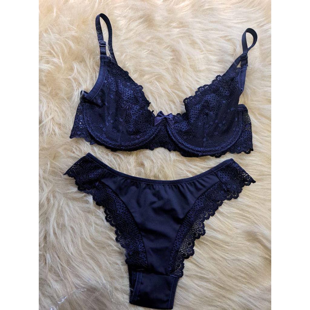 Conjunto katia Com Aro Rendado Lingerie Renda Luxo Calcinha e Sutiã