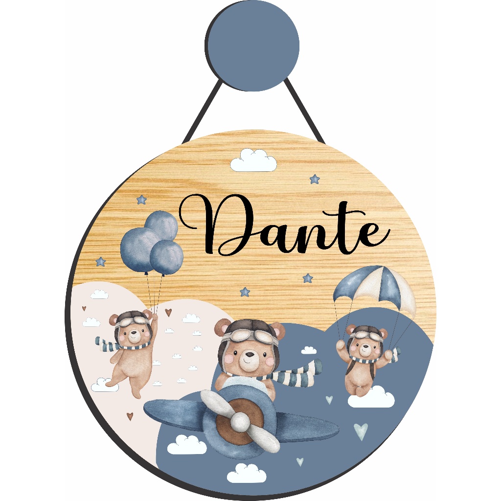 Enfeite Porta Maternidade Urso Aviador Aquarela 2 - Ursinho baloeiro aquarela - Decoração.