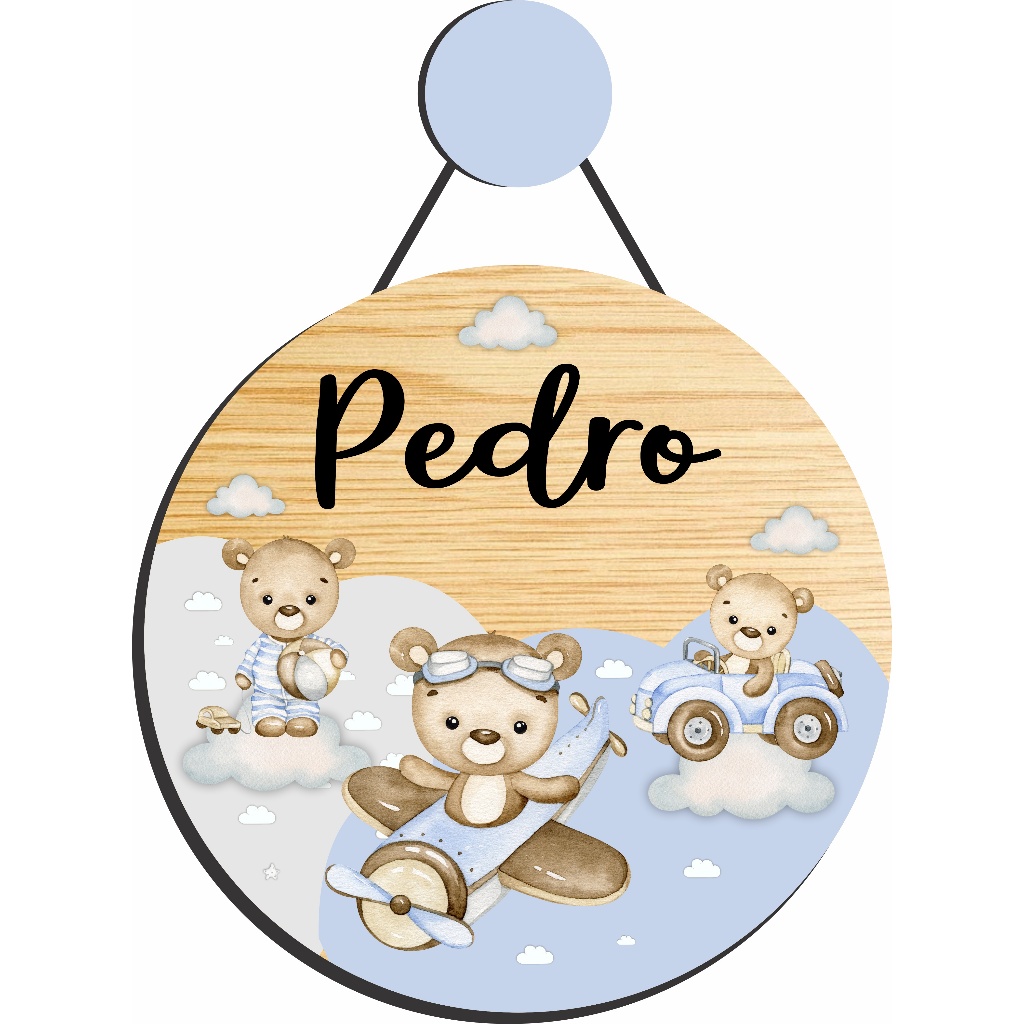 Enfeite Porta Maternidade Urso Aviador Aquarela - Ursinho no Carro - Ursinho baloeiro aquarela .