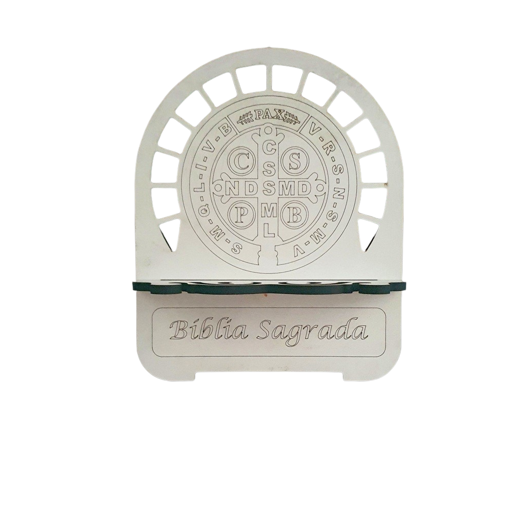 Suporte Porta Bíblia ou Apoio para Livros e Leitura em MDF com Acabamento Branco ou Madeirado - Medalha de São Bento