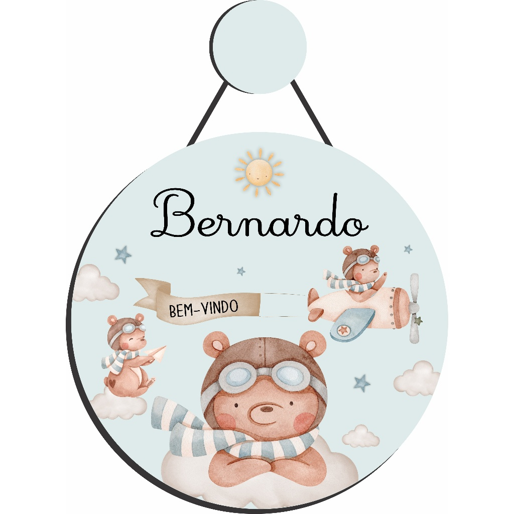 Enfeite Porta Maternidade Urso Aviador Aquarela - Ursinho baloeiro aquarela - Decoração para quarto!
