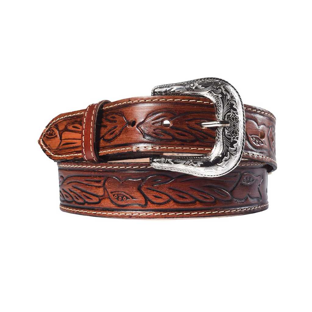 Cinto Country Floral Entalhado Couro Legítimo C/Fivela Removível em Oferta na Shopee