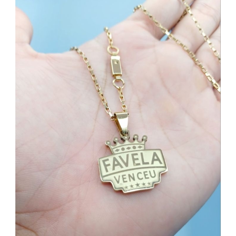 Corrente colar Cartier BANHADA A OURO 18k fecho gaveta + pingente FAVELA VENCEU