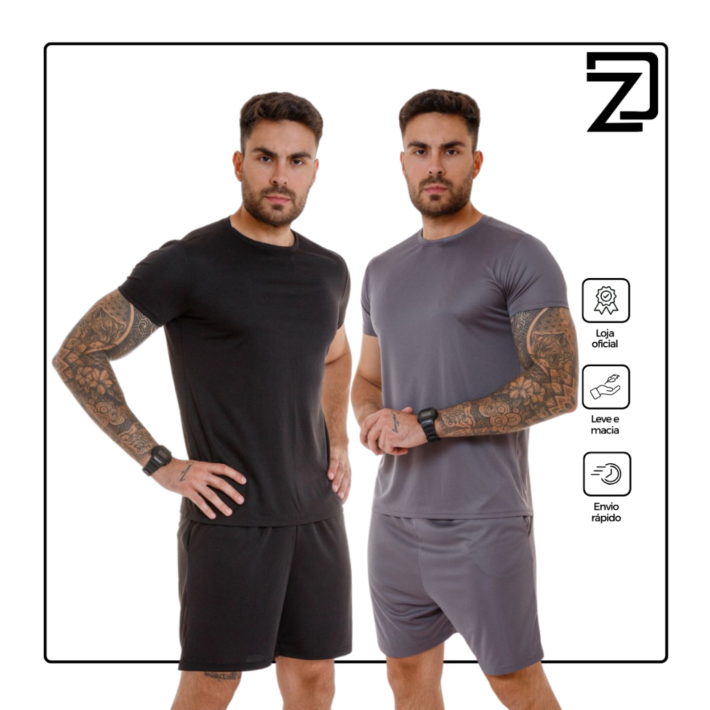 Kit 2 Conjuntos Masculino Poliester Academia Básico Dry fit em Oferta na Shopee