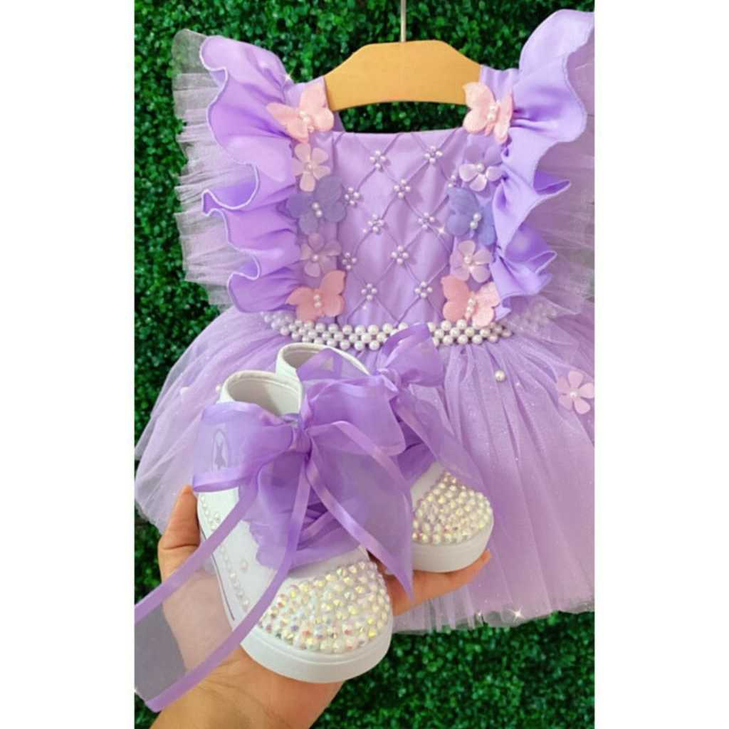 kit romper jardim encantado luxo princesa fadinha roupa diversas cores vestido + tenis + tiara + asa
