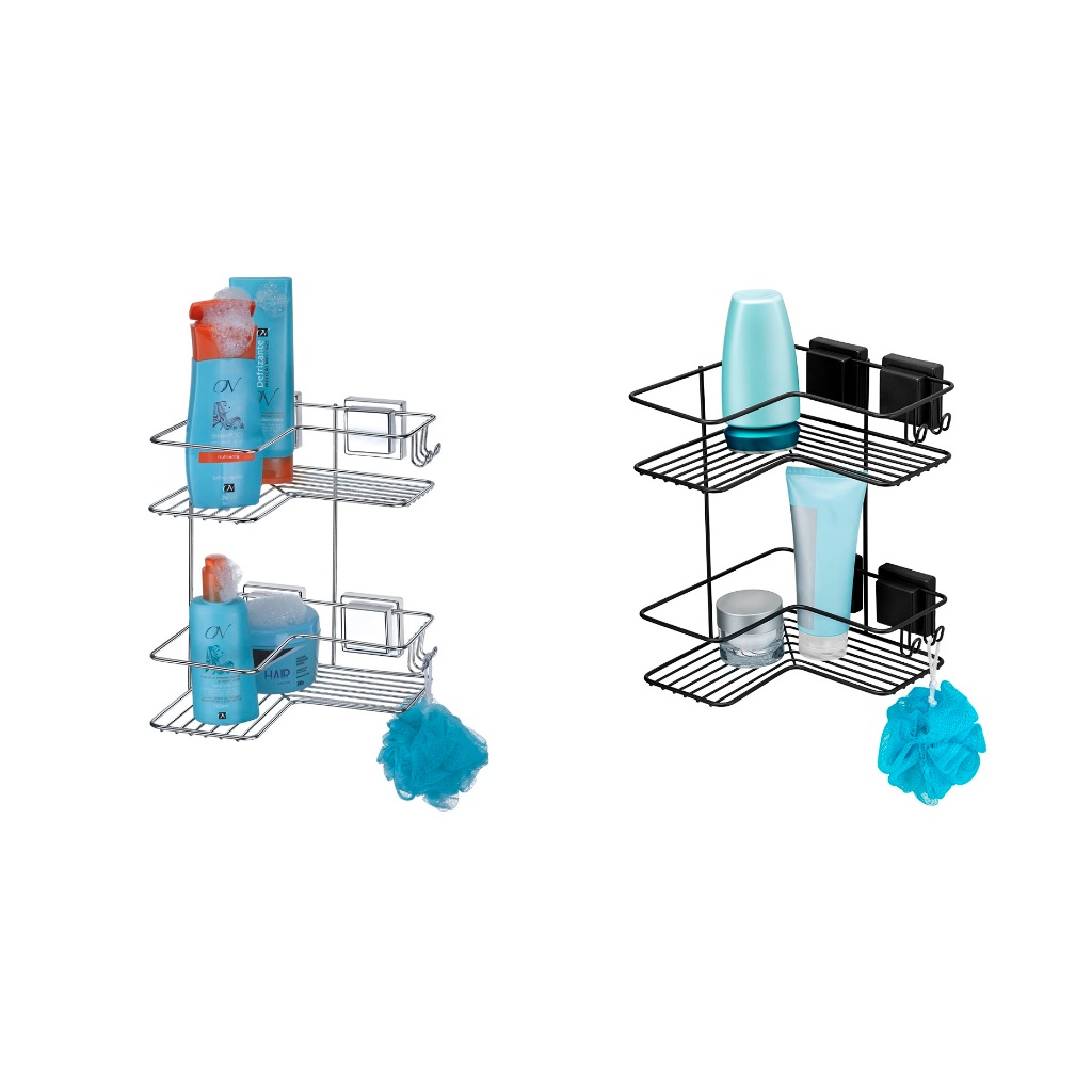 Prateleira Porta Shampoo Duplo com Ventosa Sucção Cromado Preto Fosco Arthi - Home & Living