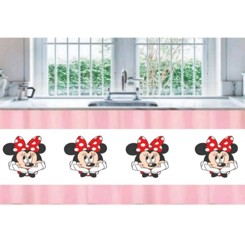 CORTINA DE PIA MINNIE BRANCA BARRA ROSA – DECORAÇÃO DE COZINHA PERSONALIZADA, CORTINA PARA GABINETE, ARMÁRIO E BANCADA