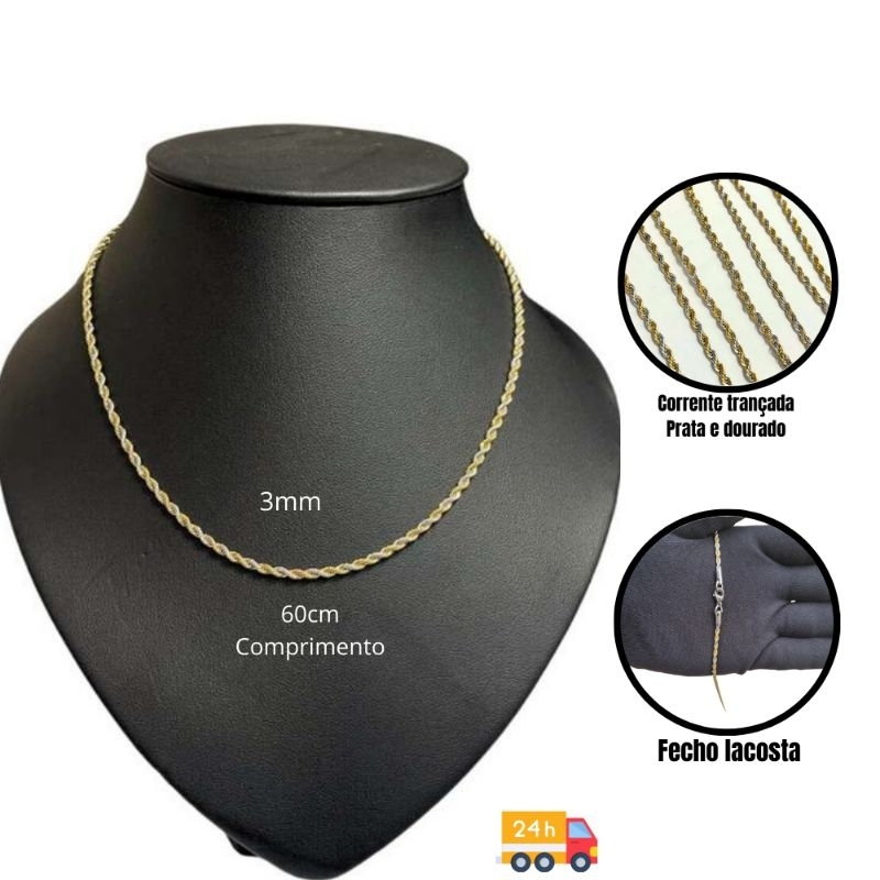 Corrente masculina aço inox inoxidável baiana trançada prata e dourado cordão baiano trança  3mm colar 60 cm banhada colar torcido não enferruja nem desbota